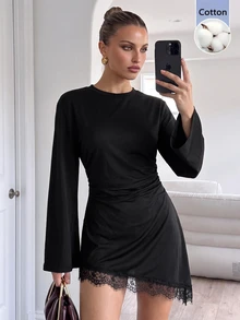 Lavishia 女款優雅性感圓領喇叭袖不對稱下擺蕾絲拼接收腰長袖迷你洋裝，黑色秋季夜店雞尾酒會穿搭 - 黑色 - 查看 8