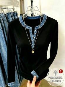 Rafferiza Direkomendasikan: Desain Kasual Terlaris, Bahan Denim Imitasi, Blok Warna, Patchwork, Kerah Polo, Lengan Panjang Wanita - MultiWarna - View 3
