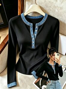 Rafferiza Direkomendasikan: Desain Kasual Terlaris, Bahan Denim Imitasi, Blok Warna, Patchwork, Kerah Polo, Lengan Panjang Wanita - MultiWarna - View 1