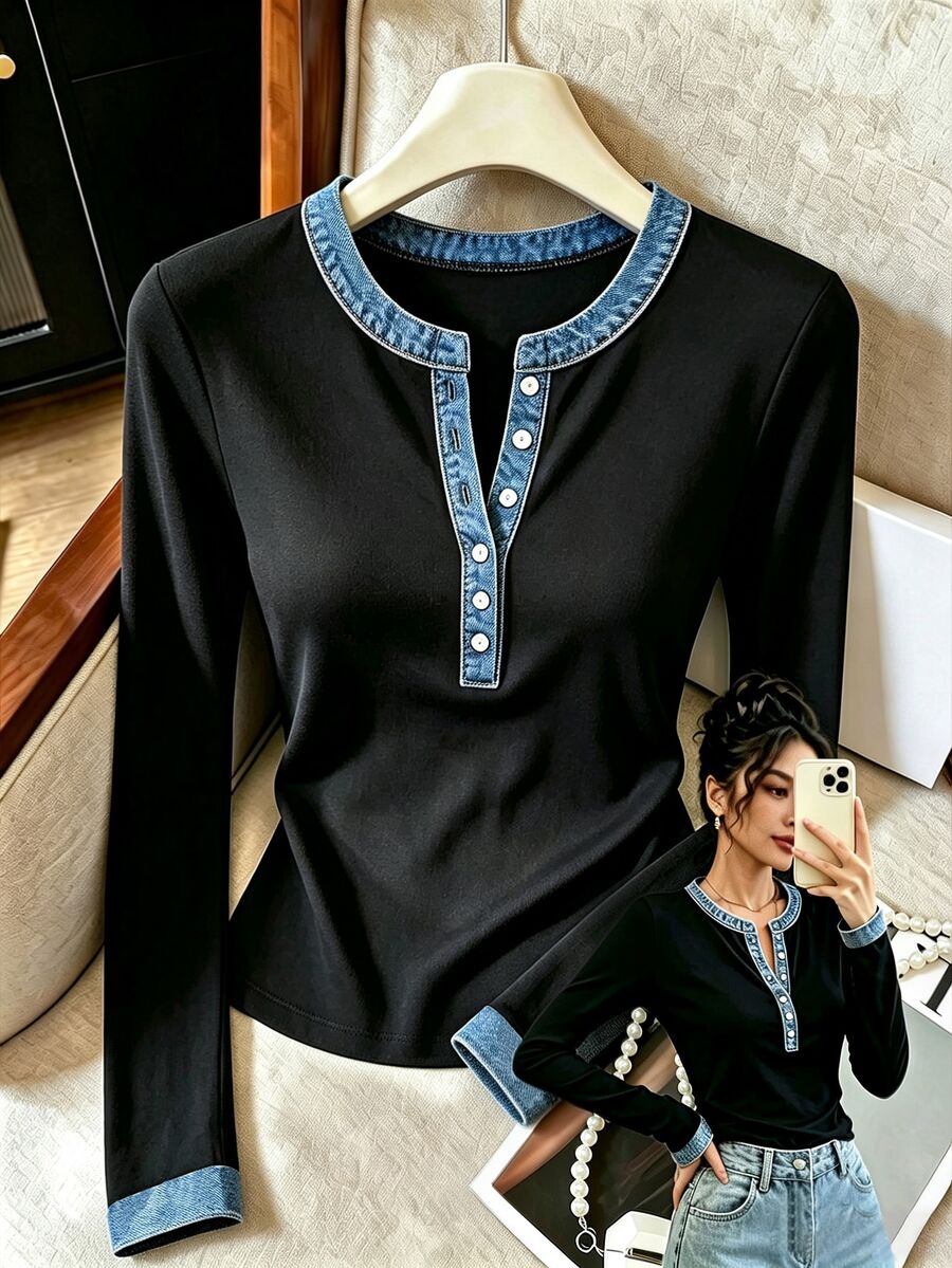 Rafferiza Direkomendasikan: Desain Kasual Terlaris, Bahan Denim Imitasi, Blok Warna, Patchwork, Kerah Polo, Lengan Panjang Wanita - MultiWarna - View 1