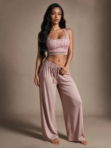 Radiana Elegant Leopard Print Tank Top And Pants 2 Pieces Set - Khaki - View 5