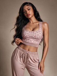 Radiana Elegant Leopard Print Tank Top And Pants 2 Pieces Set - Khaki - View 3