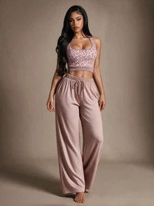 Radiana Elegant Leopard Print Tank Top And Pants 2 Pieces Set - Khaki - View 7