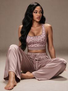 Radiana Elegant Leopard Print Tank Top And Pants 2 Pieces Set - Khaki - View 1
