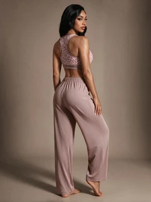 Radiana Elegant Leopard Print Tank Top And Pants 2 Pieces Set - Khaki - View 2