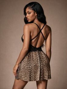 Radiana 2pcs/Set Women's Lace Patchwork Leopard Print Underwire Style Nightgown - Multicolor - View 2