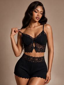 Radiana 2pcs/Set Women's Knit Ribbed Pajama Set, Sexy Lace Camisole With Bow And Shorts Summer Sleepwear Set - Black - View 2
