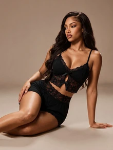 Radiana 2pcs/Set Women's Knit Ribbed Pajama Set, Sexy Lace Camisole With Bow And Shorts Summer Sleepwear Set - Black - View 4