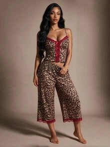 Radiana Sexy Leopard Print Colorblock Lace Bow Trim Fitted Cami Top & Capri Pants Pajama Set For Women - Burgundy - View 6