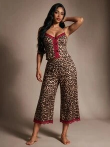 Radiana Sexy Leopard Print Colorblock Lace Bow Trim Fitted Cami Top & Capri Pants Pajama Set For Women - Burgundy - View 8