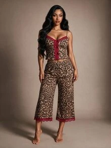 Radiana Sexy Leopard Print Colorblock Lace Bow Trim Fitted Cami Top & Capri Pants Pajama Set For Women - Burgundy - View 7
