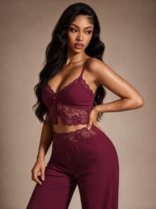 Radiana 2pcs Women Sleepwear Set, Casual Lace Camisole And Pants, Bow Decor, Summer Pajamas Set - Burgundy - View 7