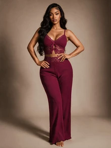 Radiana 2pcs Women Sleepwear Set, Casual Lace Camisole And Pants, Bow Decor, Summer Pajamas Set - Burgundy - View 4