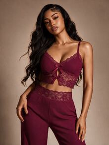 Radiana 2pcs Women Sleepwear Set, Casual Lace Camisole And Pants, Bow Decor, Summer Pajamas Set - Burgundy - View 3