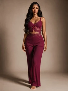 Radiana 2pcs Women Sleepwear Set, Casual Lace Camisole And Pants, Bow Decor, Summer Pajamas Set - Burgundy - View 8