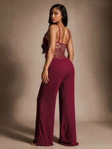 Radiana 2pcs Women Sleepwear Set, Casual Lace Camisole And Pants, Bow Decor, Summer Pajamas Set - Burgundy - View 2
