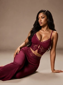 Radiana 2pcs Women Sleepwear Set, Casual Lace Camisole And Pants, Bow Decor, Summer Pajamas Set - Burgundy - View 1