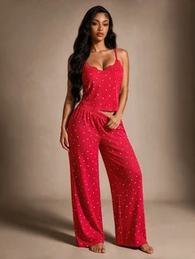 Radiana Set Piyama Wanita Rajut Motif Hati, Atasan Tanpa Lengan dan Celana Pendek, Seksi dan Cocok untuk Semua Musim - Merah - View 3