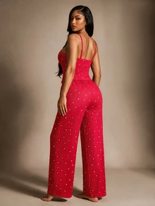 Radiana Set Piyama Wanita Rajut Motif Hati, Atasan Tanpa Lengan dan Celana Pendek, Seksi dan Cocok untuk Semua Musim - Merah - View 7