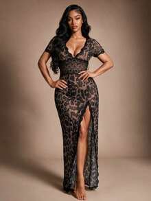 DUSKBASE Sexy Lace Waist-Cinched Leopard Print Backless Nightgown - Multicolor - View 1