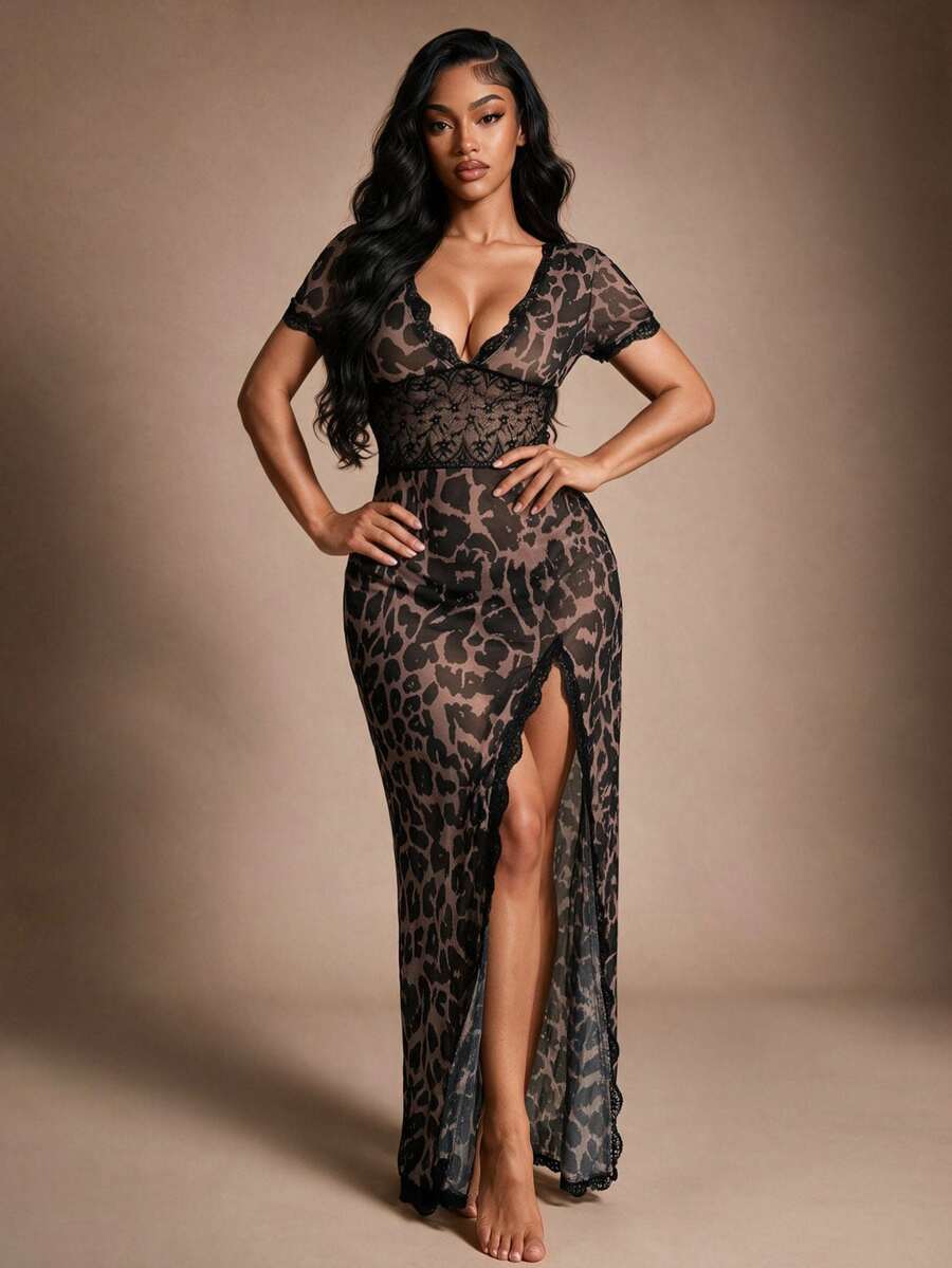 DUSKBASE Sexy Lace Waist-Cinched Leopard Print Backless Nightgown - Multicolor - View 1