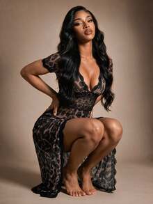 DUSKBASE Sexy Lace Waist-Cinched Leopard Print Backless Nightgown - Multicolor - View 7