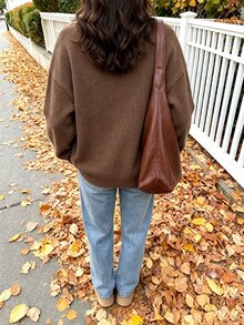 SHEIN ICON Women's Casual Autumn Thanksgiving Theme Top, Cat And Pumpkin Pattern Crew Neck Long Sleeve Sweatshirt - Brown - View 2