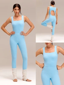 GLOWMODE 30'' ButterFit Sweat-Wicking Quick-Dry Tummy Control Cutout Back Workout Romper Bodyduit With Side Pockets Non-Slip Grips Yoga Pilates - Baby Blue - View 9