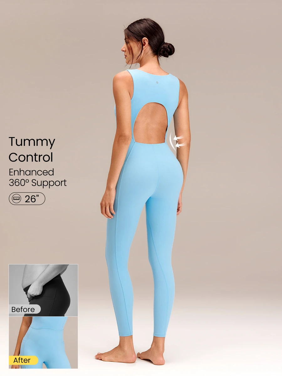 GLOWMODE 30'' ButterFit Sweat-Wicking Quick-Dry Tummy Control Cutout Back Workout Romper Bodyduit With Side Pockets Non-Slip Grips Yoga Pilates - Baby Blue - View 1