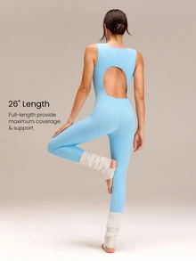GLOWMODE 30'' ButterFit Sweat-Wicking Quick-Dry Tummy Control Cutout Back Workout Romper Bodyduit With Side Pockets Non-Slip Grips Yoga Pilates - Baby Blue - View 5