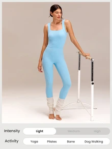 GLOWMODE 30'' ButterFit Sweat-Wicking Quick-Dry Tummy Control Cutout Back Workout Romper Bodyduit With Side Pockets Non-Slip Grips Yoga Pilates - Baby Blue - View 8
