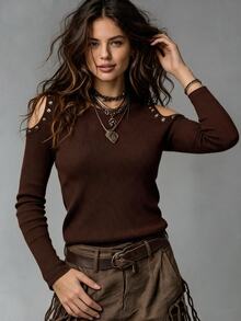 Glimmora Women's Brown Round Neck Cold Shoulder Beaded Design Fitted Top - Brown - View 3