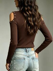 Glimmora Women's Brown Round Neck Cold Shoulder Beaded Design Fitted Top - Brown - View 2