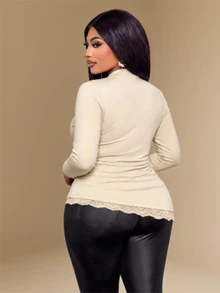 KIORVELLA Plus Size Women's Stand Collar Long Sleeve Ruched Shoulder Waist Asymmetric Lace Trim Fitted T-Shirt Autumn Brunch Formal Beige Casual Elegant - Apricot - View 4