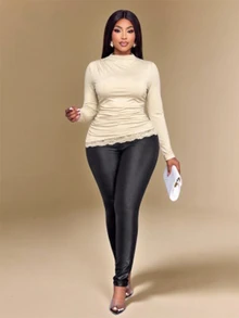 KIORVELLA Plus Size Women's Stand Collar Long Sleeve Ruched Shoulder Waist Asymmetric Lace Trim Fitted T-Shirt Autumn Brunch Formal Beige Casual Elegant - Apricot - View 6