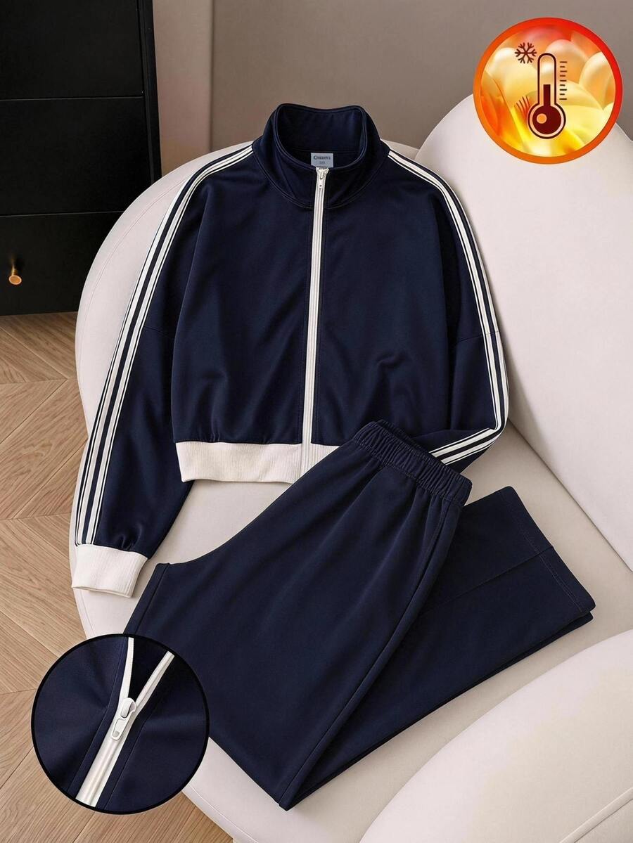 Kids Tween Girl Sporty Casual Knit Solid Color Stand Collar Long Sleeve Sweatshirt Set Mommy And Me Matching Outfits (2 Sets Are Sold Separately) - Navy Blue - View 1