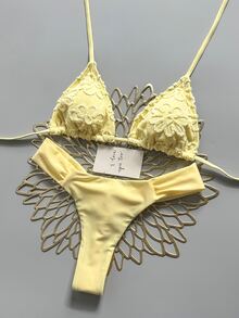 Elavelle Summer Beach Women 2 Pieces Special Textured Fabric Triangle Tie Top & Ruched Bikini Bottoms Swimwear Set - Yellow - View 4