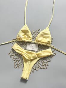 Elavelle Summer Beach Women 2 Pieces Special Textured Fabric Triangle Tie Top & Ruched Bikini Bottoms Swimwear Set - Yellow - View 3