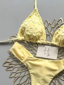 Elavelle Summer Beach Women 2 Pieces Special Textured Fabric Triangle Tie Top & Ruched Bikini Bottoms Swimwear Set - Yellow - View 5