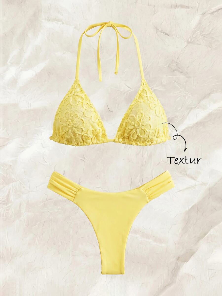 Elavelle Summer Beach Women 2 Pieces Special Textured Fabric Triangle Tie Top & Ruched Bikini Bottoms Swimwear Set - Yellow - View 1