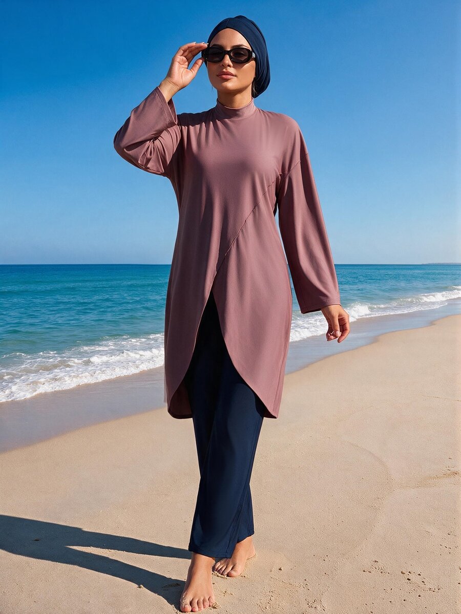 SHEIN Swim 女士沙滩罩衫裹身式布基尼泳装,宽松度假风立领连衣裙,新款女士阿巴雅夏季度假沙滩休闲装 - 彩色 - 查看 1