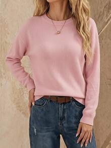 SHEINBlues Women's Soft Knit Pullover Sweater, Fashion Solid Color Long Sleeve Casual Top, Autumn/Winter - Pink - View 1