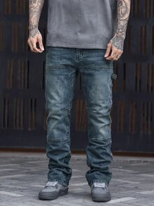 Devon Thys 男士水洗纯色黑灰拼接弹力修身喇叭牛仔裤，韩版高街风格 - 藍色 - 查看 6