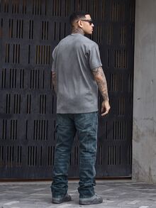 Devon Thys 男士水洗纯色黑灰拼接弹力修身喇叭牛仔裤，韩版高街风格 - 藍色 - 查看 2