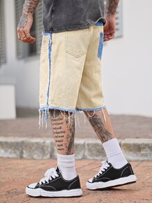 Devon Thys Celana Pendek Denim Kasual Pria Manfinity Streetrush dengan Rumbai Warna Kontras - Khaki - View 5