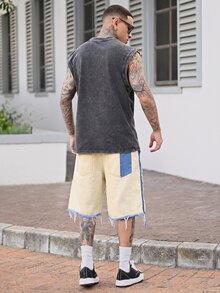 Devon Thys Celana Pendek Denim Kasual Pria Manfinity Streetrush dengan Rumbai Warna Kontras - Khaki - View 4