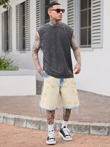 Devon Thys Celana Pendek Denim Kasual Pria Manfinity Streetrush dengan Rumbai Warna Kontras - Khaki - View 6