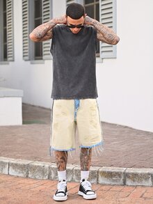 Devon Thys Celana Pendek Denim Kasual Pria Manfinity Streetrush dengan Rumbai Warna Kontras - Khaki - View 1