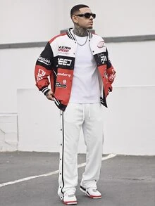 Devon Thys 男士休闲运动裤，侧面配有撞色带和纽扣，外出休闲抽绳直筒拼色运动裤，适合丈夫、男友礼物，适合狂欢 - 白色 - 查看 6