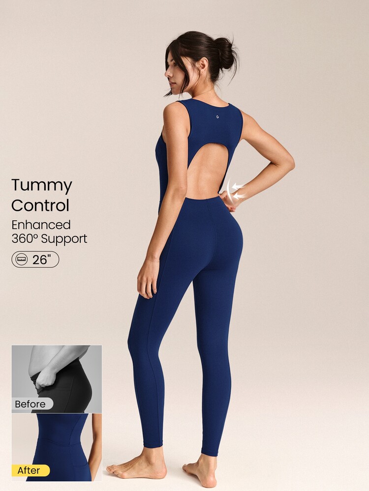 GLOWMODE 29'' ButterFit Sweat-Wicking Quick-Dry Tummy Control Cutout Back Workout Romper Bodyduit With Side Pockets Non-Slip Grips Yoga Pilates - Dark Blue - View 1